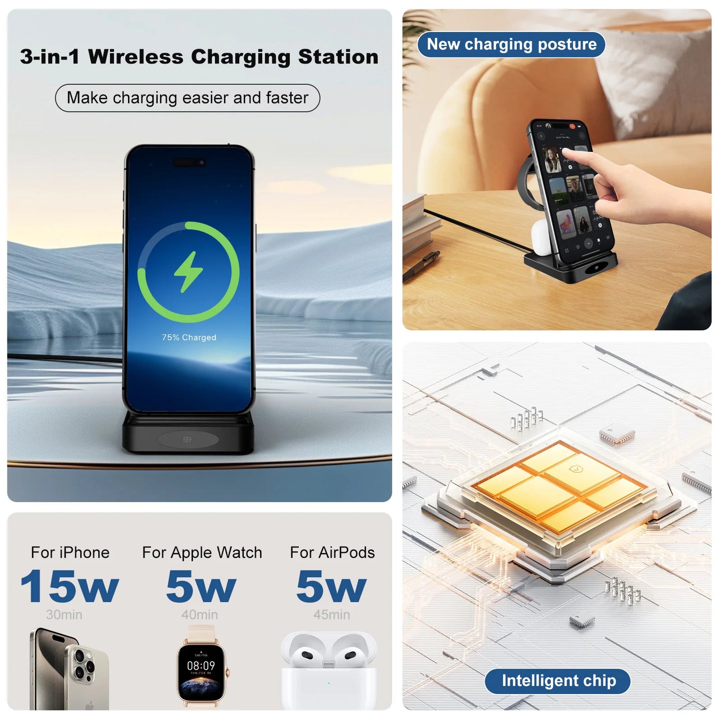 3-in-1 Wireless Charging Station for iPhone, Samsung, Airpods & iwatch