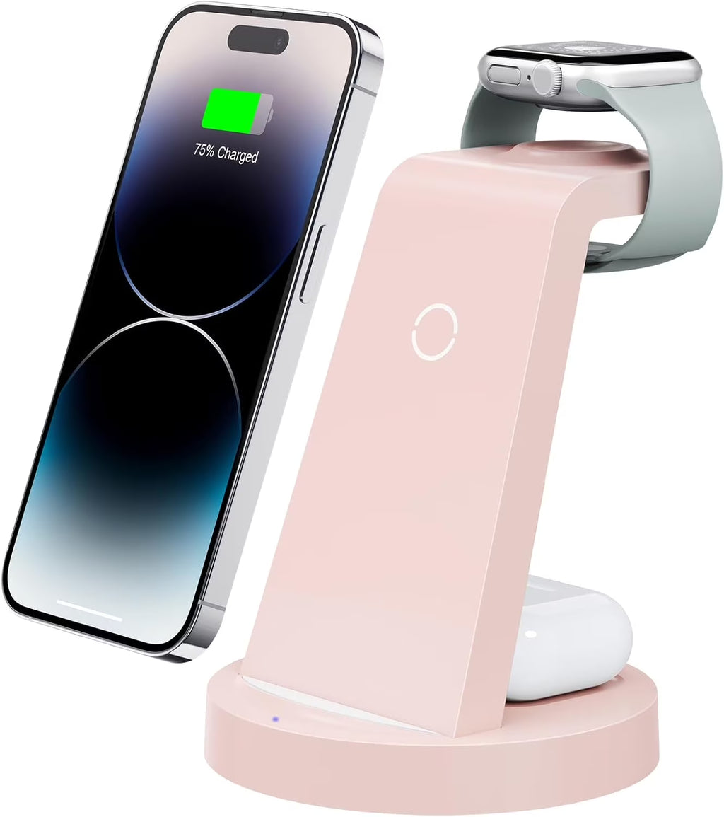 Wireless Charging Station: 3 in 1 Wireless Charger Compatible for Iphone Iwatch Airpods -Pink