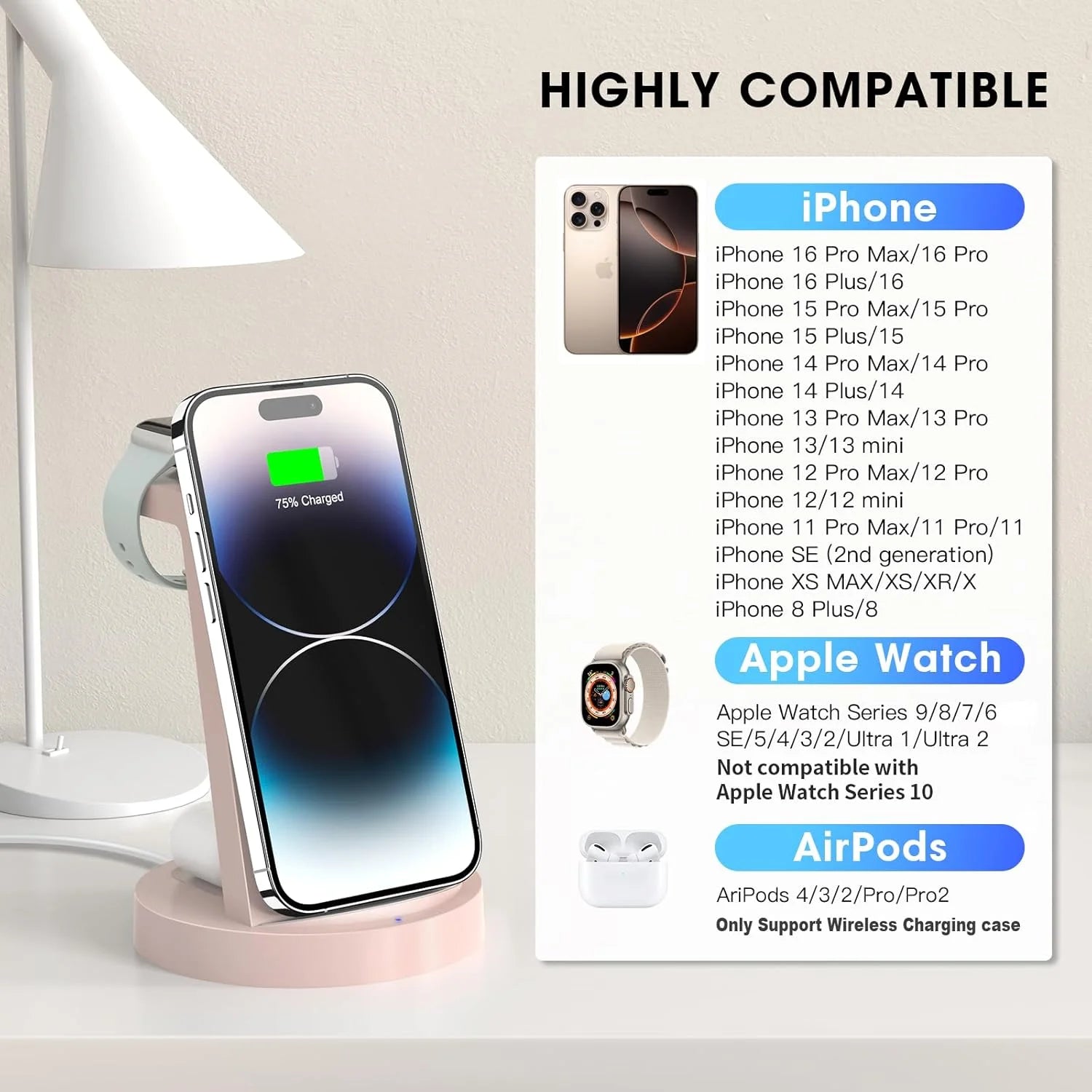 Wireless Charging Station: 3 in 1 Wireless Charger Compatible for Iphone Iwatch Airpods -Pink
