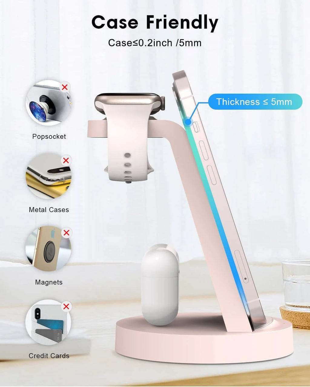 Wireless Charging Station: 3 in 1 Wireless Charger Compatible for Iphone Iwatch Airpods -Pink