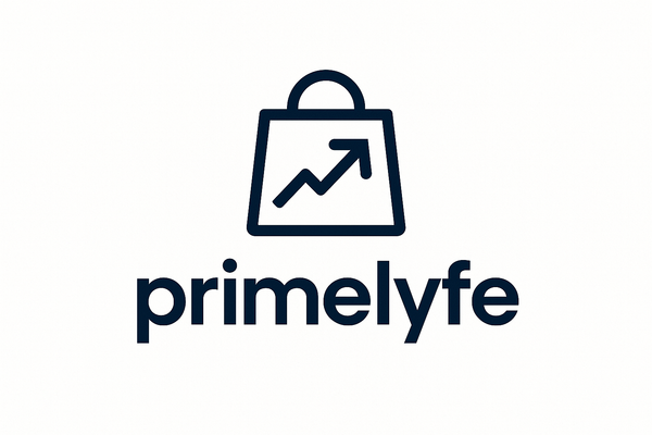 a modern minimalist logo for an online store name primelyfe, featuring a clean font and a simple icon represents shopping, trends, or growth. use a boold eye catching style with 2 main colors like navy blue and white and the design should look profesional and trustworthy